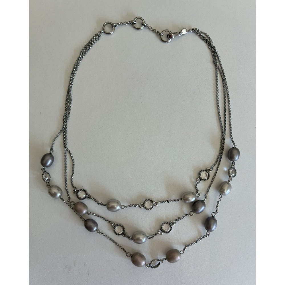 Monet Silver Tone Multi-Strand Layered Necklace Gray Round Pearls Lobster